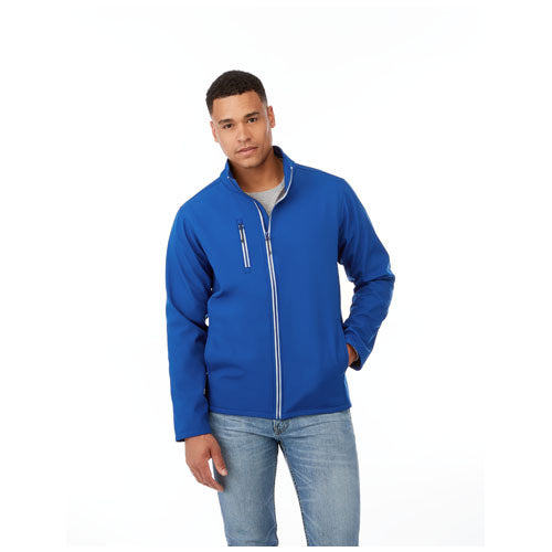 Blaue Orion Softshelljacke für Herren mit Reißverschlusstasche, individuell gestaltbar bei Signalshop.de, Werbeartikel.