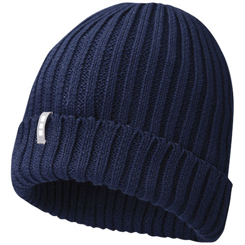 Blaue Ives Strickmütze aus Bio-Baumwolle, individuell gestaltbar mit Logo, von Signalshop.de; Werbeartikel, Werbegeschenke, Werbemittel, Giveaway.
