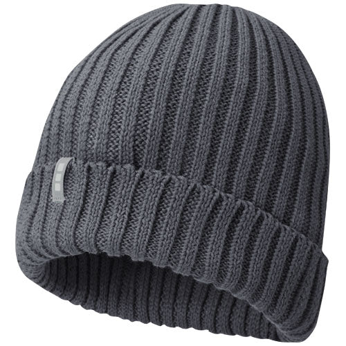 Graue Ives Strickmütze aus Bio Baumwolle mit Logo, individuell gestaltbar, erhältlich bei Signalshop.de; Werbeartikel, Werbegeschenke, Werbemittel, Giveaway.