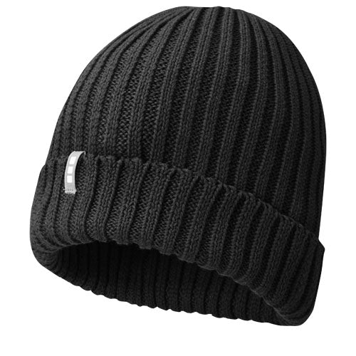 Schwarze Ives Strickmütze aus Bio-Baumwolle, individuell gestaltbar mit Logo, bei Signalshop.de als Werbeartikel.