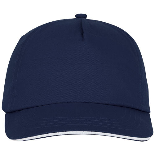 Blaue Styx-Kappe mit Sandwichschirm, 5-Panel-Design, individuell bedruckbar. Signalshop.de Werbeartikel.
