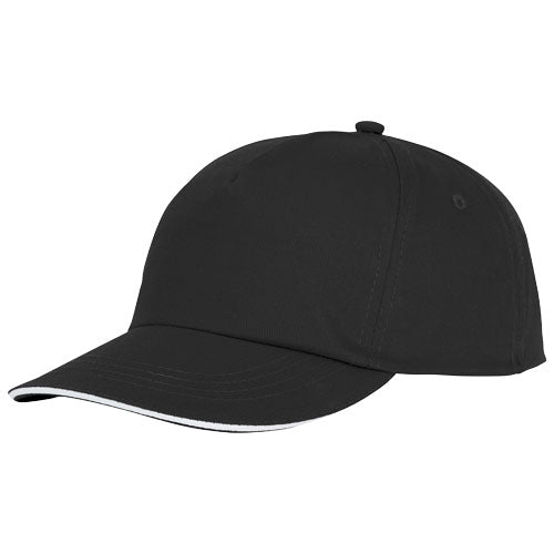 Schwarze 5-Panel Styx Kappe mit Sandwichschirm, individuell mit Logo, erhältlich bei Signalshop.de als Werbeartikel.