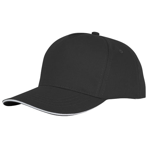 Schwarze Ceto Kappe mit 5 Segmenten und Sandwichschirm, individuell bedruckbar, ideal als Werbeartikel von Signalshop.de.