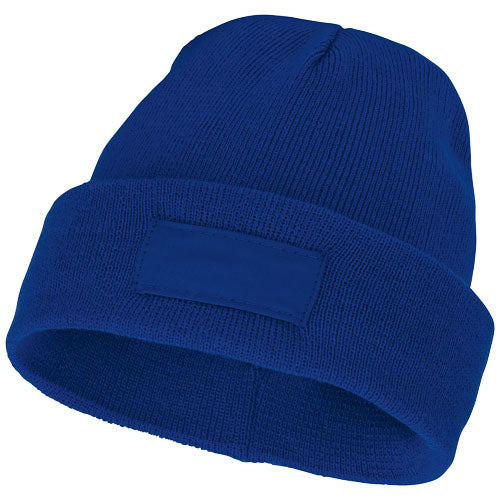 Blaue Boreas Mütze mit Flicken, individuell gestaltbar, ideal als Werbeartikel von Signalshop.de.