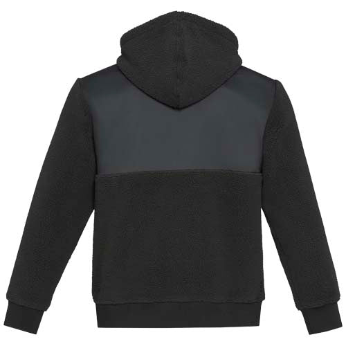 Schwarzer Evans Sherpa Fleecepullover mit Kapuze aus recyceltem Material, individuell bedruckbar bei Signalshop.de, ideal als Werbeartikel.