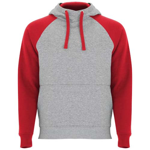 Zweifarbiger Kinder-Kapuzenpullover in Grau und Rot von Signalshop.de, individualisierbar mit Logo, Werbeartikel.