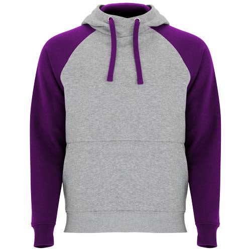 Zweifarbiger Kinder Hoodie in Grau und Lila, individualisierbar mit Logo, erhältlich bei Signalshop.de als Werbeartikel.