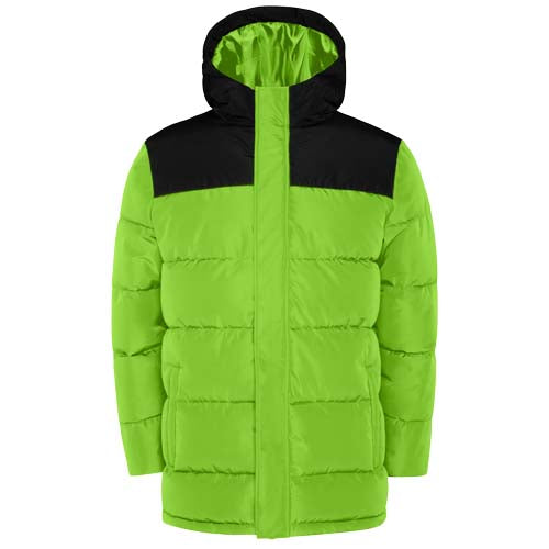 Grüne Tallin Steppjacke für Kinder mit schwarzer Kapuze, individuell bedruckbar bei Signalshop.de. Werbeartikel, Werbegeschenke.