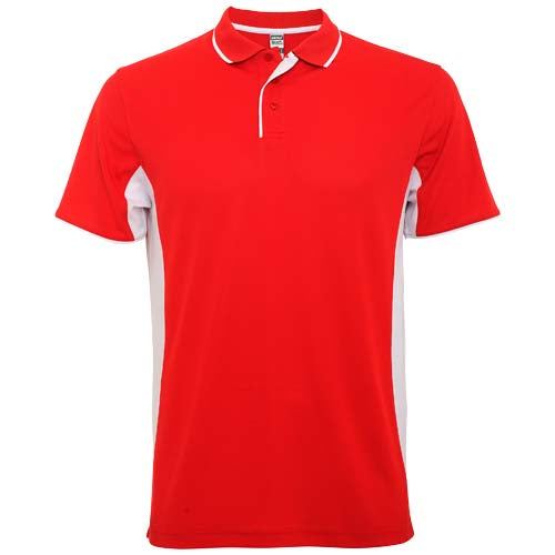 Rotes Montmelo Sport Poloshirt Unisex mit wei
�6fen Details, individuell bedruckbar, Signalshop.de Werbeartikel.
