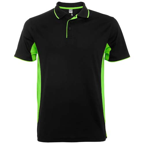 Schwarzes Montmelo Sport Poloshirt Unisex mit grünen Details, individuell gestaltbar bei Signalshop.de, ideal als Werbeartikel oder Giveaway.