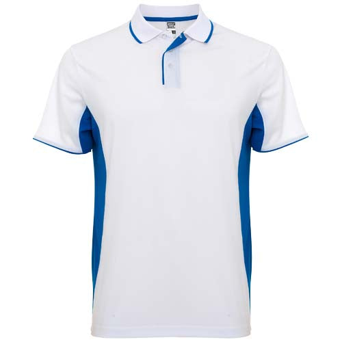 Montmelo Sport Poloshirt Unisex, wei�� mit blauen Details, Funktionspolo, individuell bedruckbar. Signalshop.de Werbeartikel.
