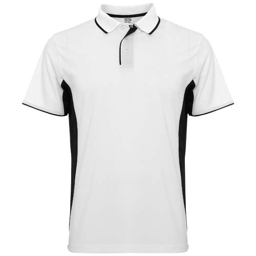 Weies Montmelo Sport Poloshirt Unisex mit schwarzen Akzenten, individuell bedruckbar, Signalshop.de Werbeartikel.