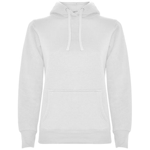 Weißer Urban Kapuzenpullover für Damen, individuell bedruckbar mit Logo, erhältlich bei Signalshop.de als Werbeartikel.