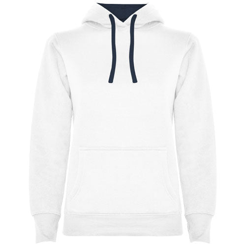 Urban Kapuzenpullover für Damen in Weiß mit blauer Kordel, individuell gestaltbar bei Signalshop.de, Werbeartikel.
