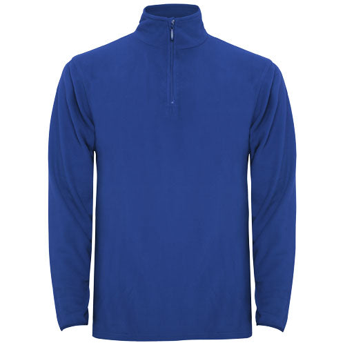 Blauer Herren-Fleecepullover mit 1/4-Reißverschluss von Roly, individuell bedruckbar bei Signalshop.de, Werbeartikel.