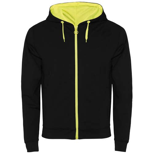 Fuji Kaputzensweatjacke Unisex in Schwarz mit gelben Details, individuell gestaltbar, von Signalshop.de für Werbeartikel.