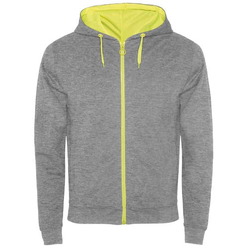 Unisex Fuji Kaputzensweatjacke in Grau mit gelbem Innenfutter, individuell gestaltbar bei Signalshop.de, Werbeartikel.