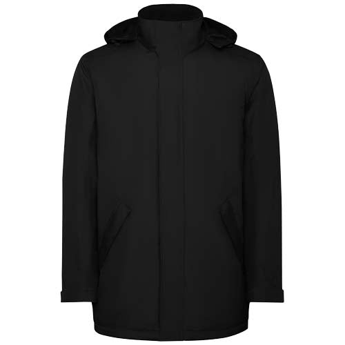 Schwarzer wattierter Herren-Parka von Roly, individuell mit Logo gestaltbar. Erhältlich bei Signalshop.de als Werbeartikel.