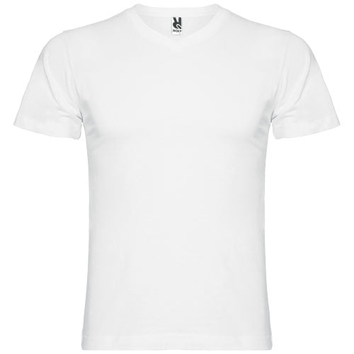 Weißes Samoyedo T-Shirt mit V-Ausschnitt für Herren, individuell bedruckt, erhältlich bei Signalshop.de; Werbeartikel, Werbegeschenke, Werbemittel, Giveaway.
