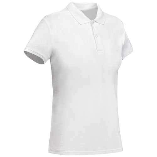 Weißes Damen-Poloshirt aus Bio-Baumwolle, individuell bedruckbar, ideal als Werbeartikel bei Signalshop.de.