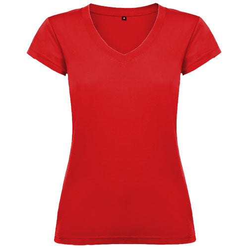 Rotes Damen-V-Ausschnitt-T-Shirt von Roly, individuell gestaltbar mit Logo, erhältlich bei Signalshop.de als Werbeartikel.