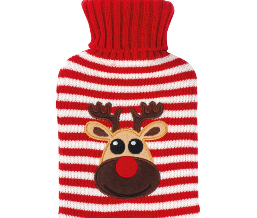 Weihnachtswärmflasche mit Stricküberzug – personalisierbar mit Logo