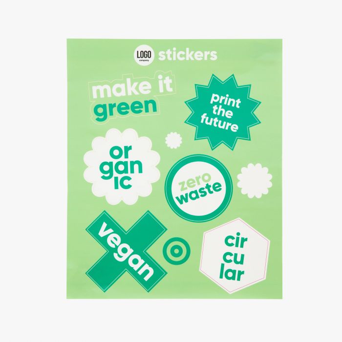 Grüner Aufkleberbogen mit umweltfreundlichen Motiven, individuell bedruckbar. Signalshop.de Werbeartikel.