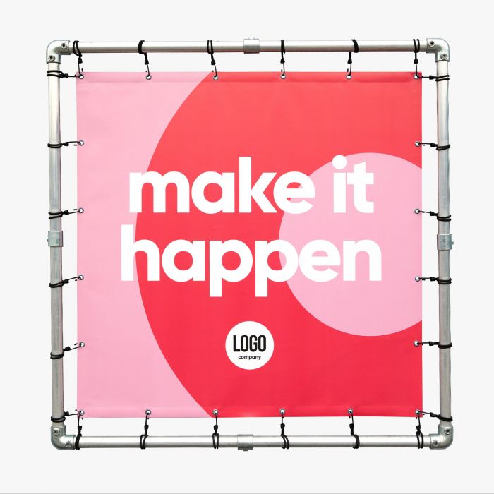 Bannerrahmen mit rotem Textildruck, "make it happen", individuell bedruckbar mit Logo, Signalshop.de Werbeartikel.
