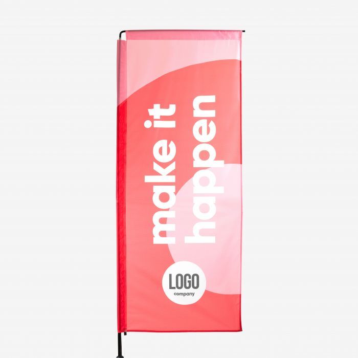 Rote Beachflag mit "make it happen"-Aufdruck, individuell bedruckbar, Werbeartikel von Signalshop.de.