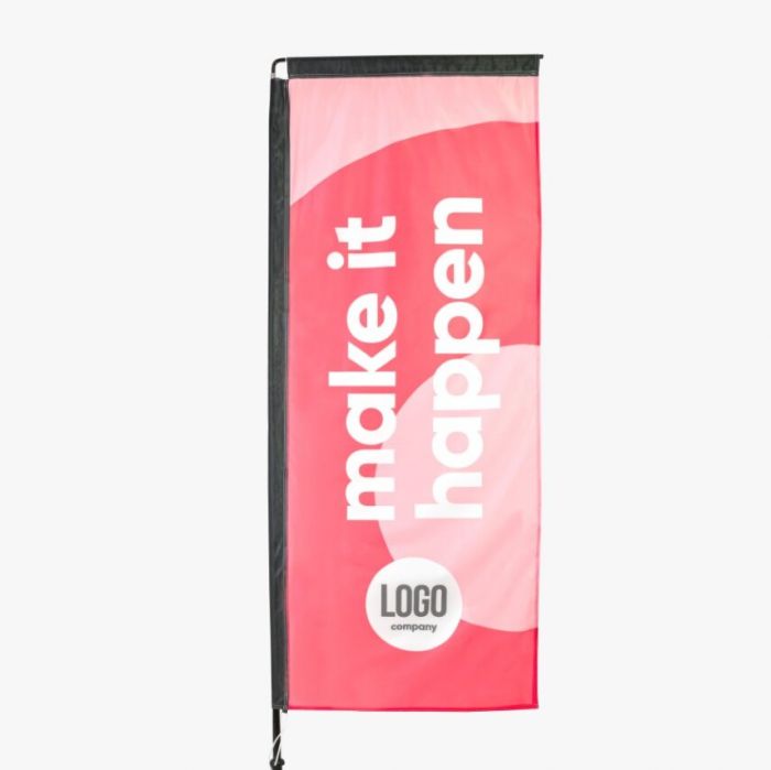 Rote Beachflag mit individuellem Logo und Schriftzug "make it happen" von Signalshop.de, Werbeartikel.