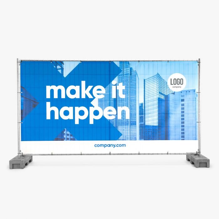 Individuell gestaltbarer Bauzaunbanner von Signalshop.de, blau-wei mit Logo, ideal als Werbeartikel.