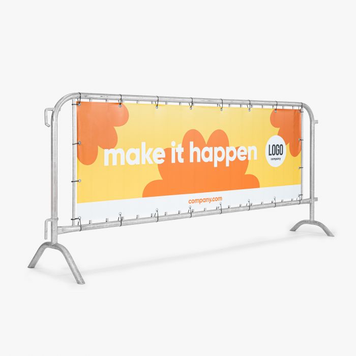 Absperrgitter-Plane mit bedrucktem Logo, individuell gestaltbar von Signalshop.de, ideal als Werbeartikel und Giveaway.