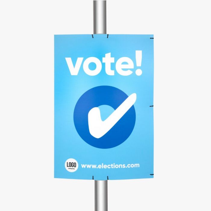 Blaues Wahlplakat aus Sheet mit "vote!"-Aufdruck, individuell gestaltbar bei Signalshop.de. Werbeartikel, Werbegeschenke, Werbemittel, Giveaway.