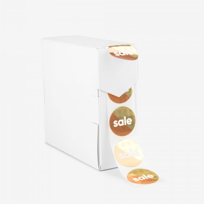 Gestanzte Etiketten in Gold mit "sale", individuell bedruckbar, von Signalshop.de, Werbeartikel.