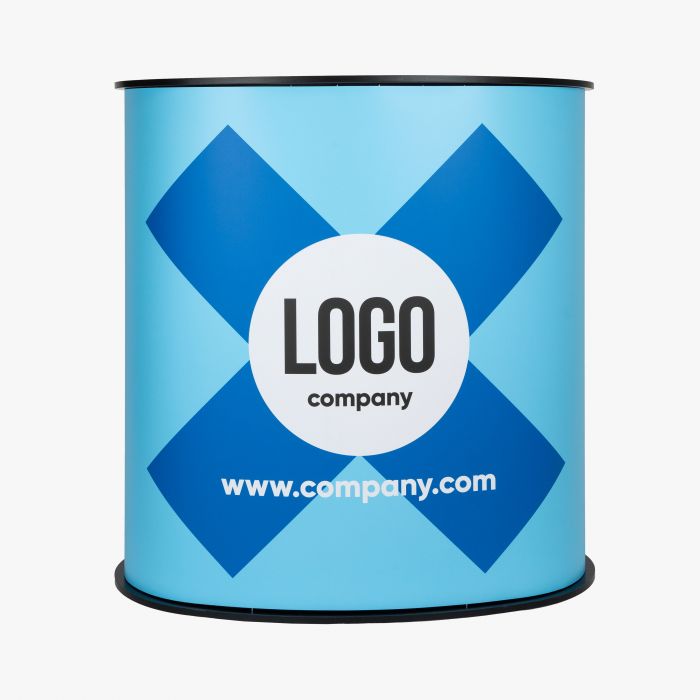 Blaue Messetheke Kidney mit Logo-Druck, individuell gestaltbar, Werbemittel von Signalshop.de