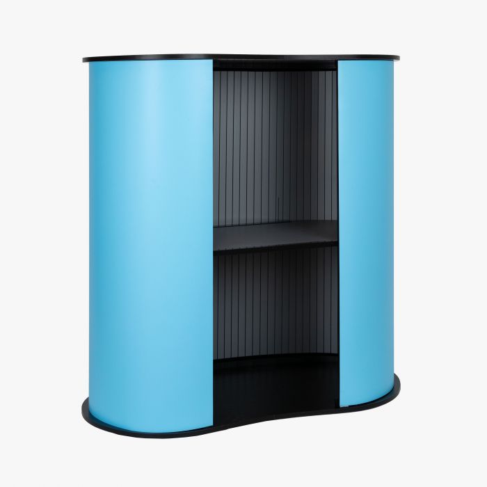 Messetheke Kidney in Blau mit individueller Druckfläche von Signalshop.de, idealer Werbeartikel.