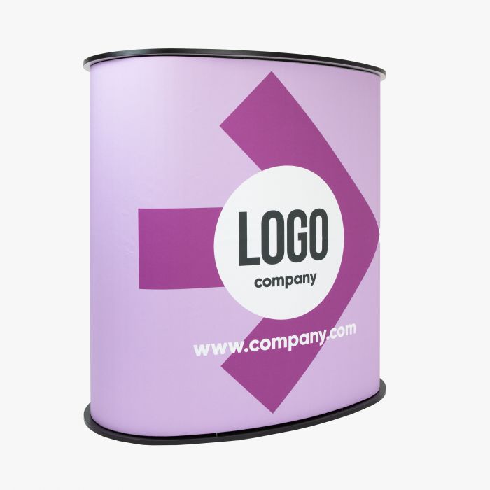 Messetheke Kidney in Lila mit Logo bedruckt, ideal als Werbeartikel von Signalshop.de für Werbegeschenke.