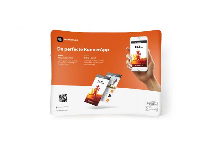 Messestand mit gebogenem Display, orange-weiß, individuell bedruckbar mit Logo, Signalshop.de Werbeartikel.