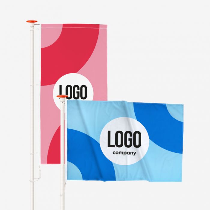 Zwei Fahnen in Rot und Blau mit Logo, individuell gestaltbar, Signalshop.de Werbeartikel, Werbegeschenke.