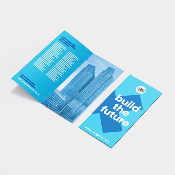 Blauer Falzflyer von Signalshop.de, individuell bedruckt mit Logo; Werbeartikel, Werbegeschenke, Werbemittel, Giveaway.