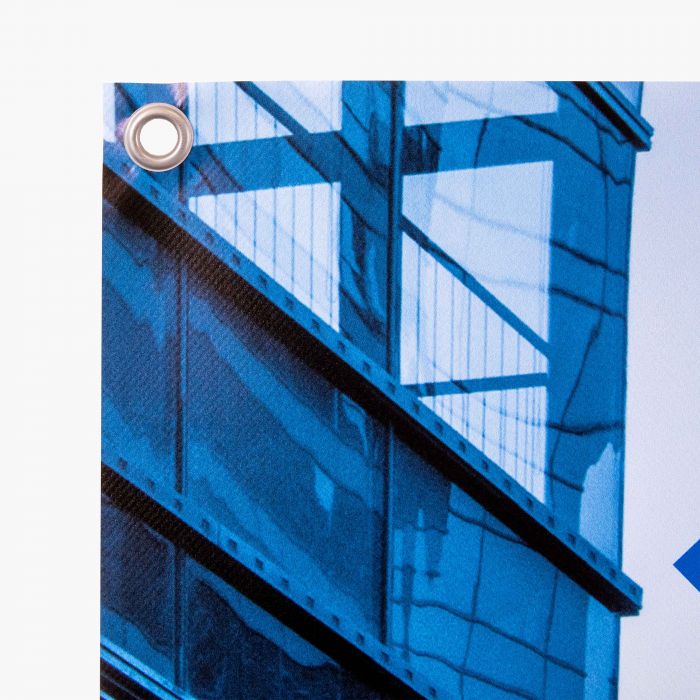 Garten-Poster mit blauer Architektur, individuell gestaltbar, Werbeartikel von Signalshop.de.