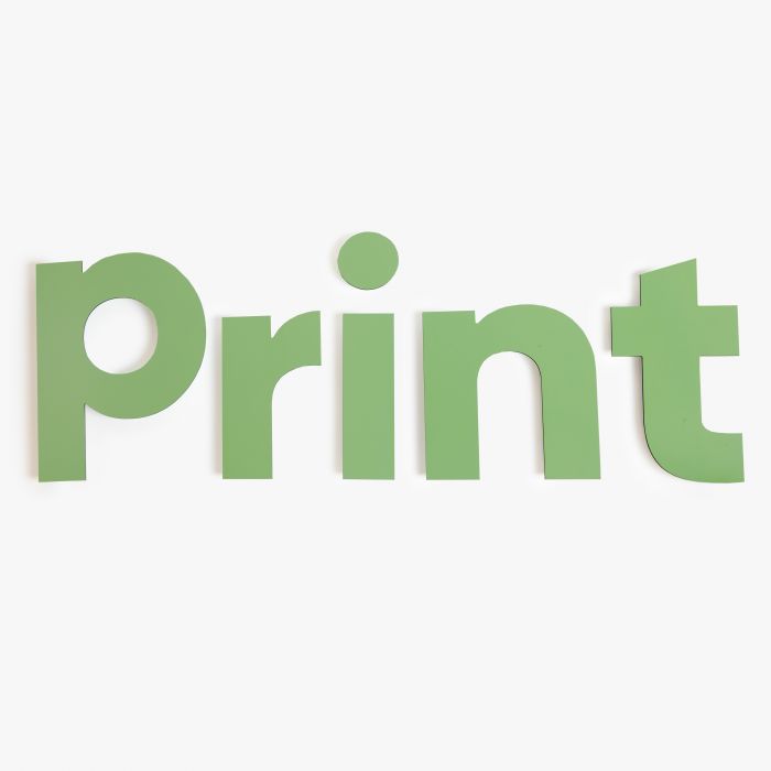 Grüne Fräsbuchstaben "print" aus Kunststoff, individuell gestaltbar, Signalshop.de Werbeartikel.