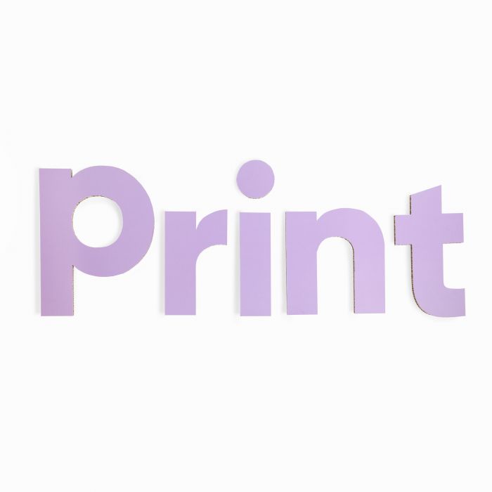 Lila Fräsbuchstaben "Print" aus Karton, individuell gestaltbar, Werbeartikel von Signalshop.de.