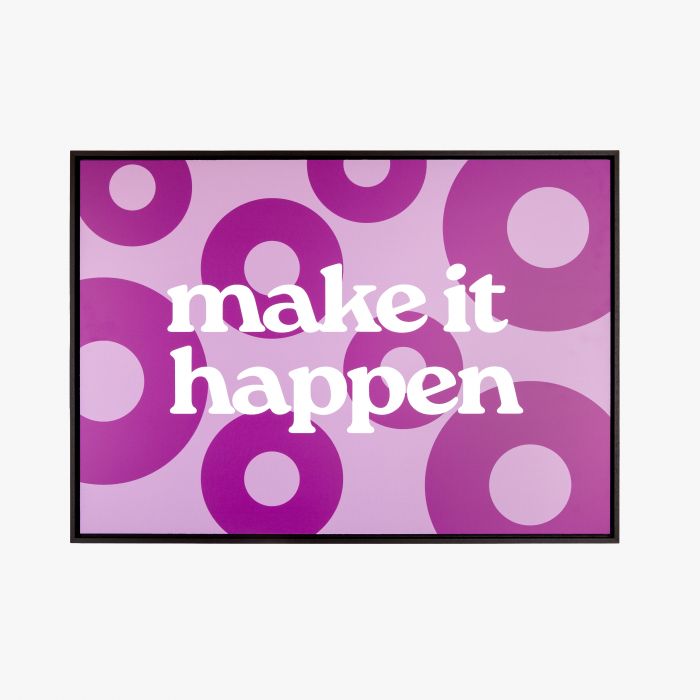 Platte mit Rahmen in Lila, Kreismuster, "make it happen" Text, individuell gestaltbar, Signalshop.de Werbeartikel.