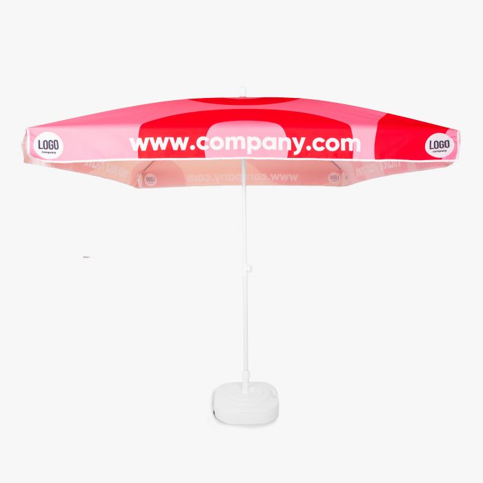 Roter Sonnenschirm mit Logo und URL bedruckt, individuell gestaltbar, Werbeartikel von Signalshop.de.