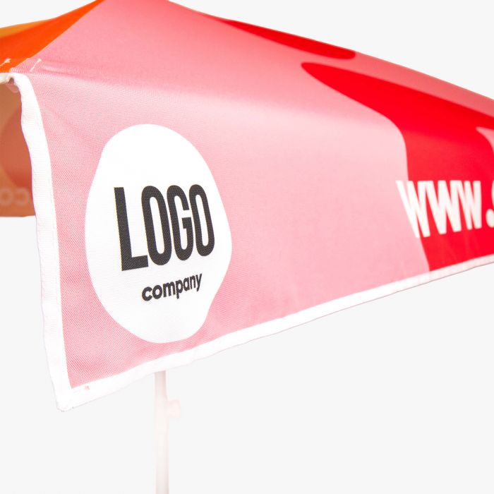 Roter Sonnenschirm von Signalshop.de, individuell mit Logo bedruckt, ideal als Werbeartikel und Giveaway.