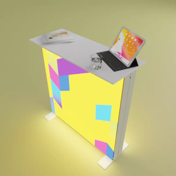 Pixlip Go Desk mit gelbem Leuchtpanel, individuell bedruckbar; idealer Werbeartikel von Signalshop.de