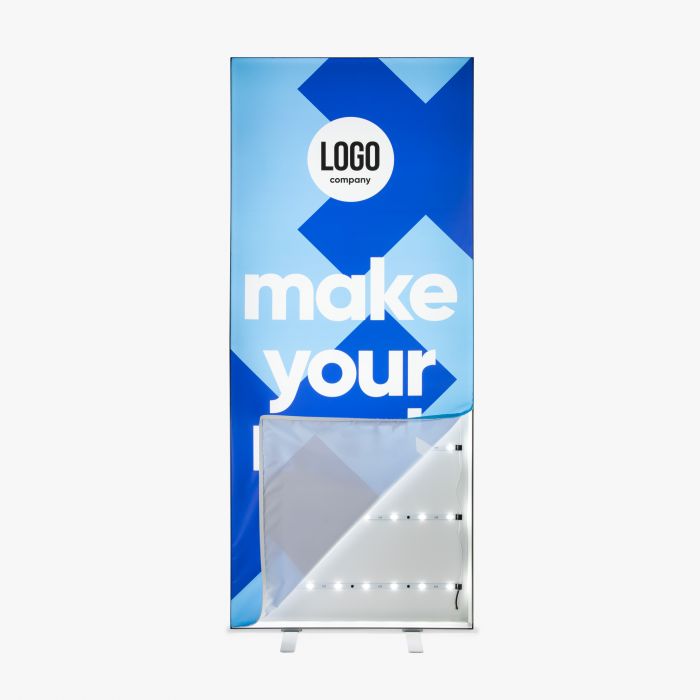 Pop-up LED Rahmen mit blauem Hintergrund, individuell mit Logo bedruckbar, Signalshop.de Werbeartikel.