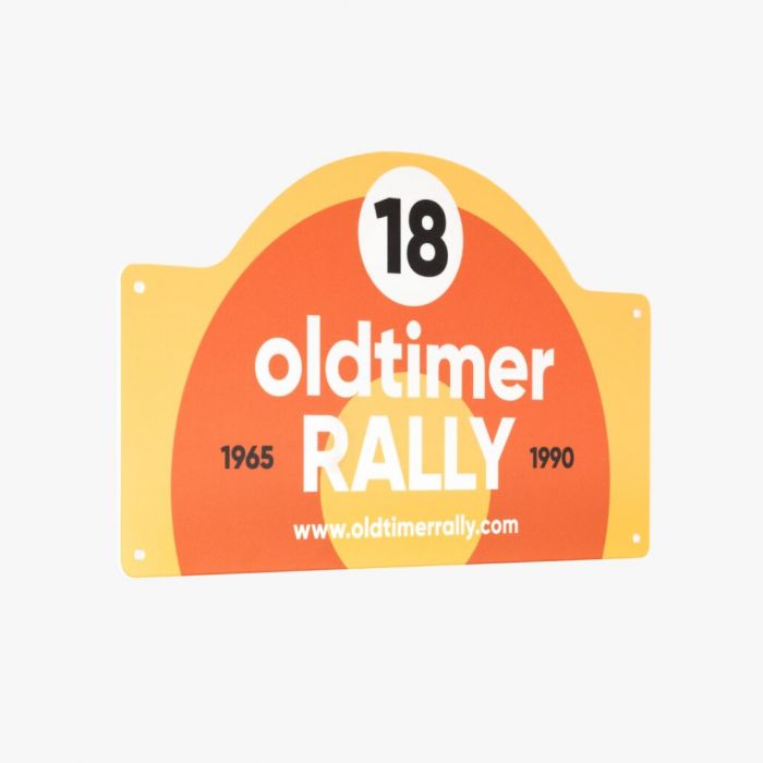 Ralleyschild aus Metall in Orange mit Logo bedruckt, Werbeartikel von Signalshop.de, individuell gestaltbar.