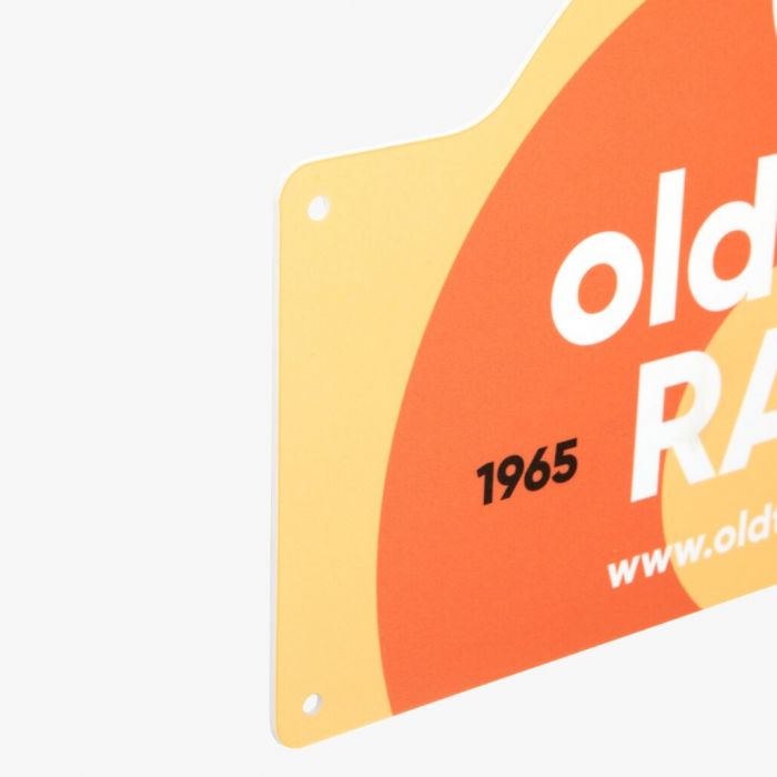 Ralleyschild aus Blech, orange-gelbes Design, individuell bedruckbar mit Logo, Signalshop.de Werbeartikel